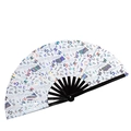 Holographic reflective folding bamboo fan with black frame and Sierra letter pattern print - Reflective White Fan - English Text
