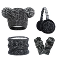 4-teiliges Winter-Set mit Doppel-Bommelmütze, Ohrenschützern, Schal und Handschuhen, gestrickt - Zopfmuster Schwarz-Weiß Gemischt