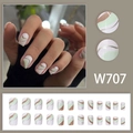 Short square press-on nails with green and brown wave patterns and silver metallic lines - W707 Style (With Glue)