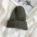Gorro de punto acanalado verde oscuro para mujer con dobladillo ancho y textura cálida de lana - Talla Única (Elástica) / Verde Grisáceo