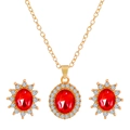 Luxury gold jewelry set featuring red crystal oval pendant necklace and stud earrings - Red Oval Halo Gemstone Set (03 Rose Gold# Red M-146)
