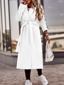 Detail of elegant white wool coat featuring a wide lapel and waist-defining tie belt - S / Tops / White