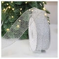 Detail of silver mesh ribbon with gold trim for Christmas DIY tree decorations - 3.8cm Silver Mesh Ribbon 22m