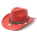 Bright red straw cowboy hat with ethnic fringe and shells for sun protection and travel - M (56-58cm) / Red