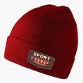 Close-up of red knit beanie with Sport 1993 leather patch and metallic rivet details - L(58-60cm) / Burgundy
