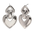 Elegantes pendientes de corazón plateados con eslabón geométrico y colgante hueco - Color Acero