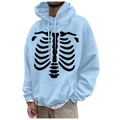 Oversized light blue hoodie featuring black skeletal rib cage print and kangaroo pocket - S / Tops / Light Blue