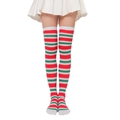 Detail of Christmas striped thigh high socks featuring plush bow and festive patterns - Red Green White Striped Thigh High Socks