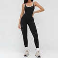Slim fit black yoga bodysuit with white contrast binding and deep U-neckline - S / Premium Black