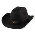 Black straw cowboy hat with brown leather band and golden bull head metal ornament - Head Circumference 57-58cm / Black