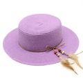 Flat top purple straw boater hat with bohemian feather and bead decoration - M (56-58cm) / Taro Purple