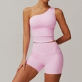 Ensemble yoga rose une épaule avec short taille haute à poches pour le fitness - S / Haut Et Bas / Rose Cerisier (Débardeur+Short)