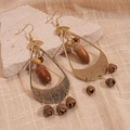 Bohemian geometric teardrop tassel earrings with acorn charms on beige linen and stone - Ear Hook - Gold