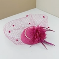 Elegant rose red fascinator hat with polka dot mesh veil, feathers and pearls - One Size / Rose Red