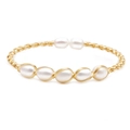 Minimalist woven gold wire bracelet featuring natural freshwater pearls on white background - White Pearl Metal Woven Style (ZZ-009)