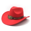 Detail of red felt cowboy hat with leather braided band and bronze bull head buckle - M (56-59cm) / Red