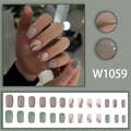Short square press-on nails in jade green and beige with glitter wave patterns - Bean Green Pink Grey Ripple Style (W1059) / Glue Type