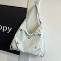 Light blue pleated tote bag with silver butterfly charms and versatile shoulder strap - Green (No Pendant)