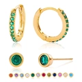 Detail view of s925 silver earring set with green zircon stones and 12 color options - Hoop and Stud Set / Gold-Green