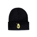 Close-up of cute avocado embroidery with red hearts on a black knitted beanie - M (56-58cm) / Avocado Knit Hat / Black
