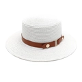 Detail of white woven boater straw hat featuring a brown leather band and gold buttons - M (56-58cm) / Pure White