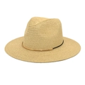 Close-up of beige straw fedora featuring a black ribbon and gold metal accent detail - M (56-58cm) / Beige