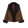 Brown faux suede jacket with black faux fur collar and cuffs shown in a flat lay view - XS / Coffee