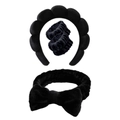 Three-piece black plush spa set including a wide headband, bow hair tie, and wristbands - Velvet Black Series Set (18#) / Set of 4