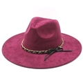Detail of dark magenta suede fedora hat with gold chain and black bow decoration - Burgundy