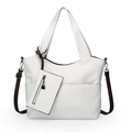 Bolso tote blanco de cuero granulado con correas marrones y pequeño monedero a juego - Blanco
