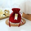 Red velvet wedding candy bag with golden Double Happiness tag and satin drawstring - Burgundy+Xi Card