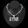 Silver iced-out STAR letter pendant with sparkling tennis chain on a black bust display - Silver Pendant with 18 Inch Tennis Chain