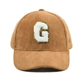 Braune Cord-Baseballkappe mit großem weißen Buchstaben G Chenille-Patch und Goldrand - G-Buchstaben Aufnäher (Braun)