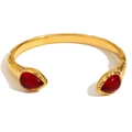 18K gold plated stainless steel open bangle with hammered texture and red stones - Double Snake Head Red Agate Bangle - Gold