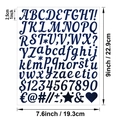 Blue glitter 1-inch alphabet and number stickers with size measurements on white background - Blue