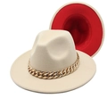 Detail of two-tone beige fedora with red underbrim and a chunky gold acrylic chain decoration - Beige and Red