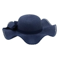 Detail of navy straw sun hat featuring wavy brim with delicate lace trim and ribbon bow - Navy Blue
