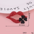 Lippen-Brosche mit roten Strasssteinen und schwarzem Kleeblatt, Größe 45,3mm x 26,4mm - Rote Blume Lippen (D951)