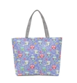 Canvas tote bag with owl and flower print featuring grey woven handles on purple background - Blue Owl Purple