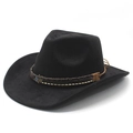 Sombrero de vaquero étnico de ante negro con banda de cuero trenzado y detalle de metal - M (56-58cm) / Negro (Gamuza)