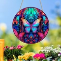 Pendentif de voiture rond en acrylique avec papillon coloré et style vitrail - Papillon Peint (11)