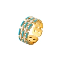 Gold hollow grid open ring with blue and white enamel inlay for adjustable sizing - Blue White Hollow Grid (J554-1)