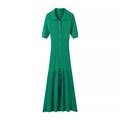 Elegant green short sleeve knit dress with V-neck polo collar and golden buttons - S / Green