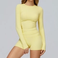 Ensemble de yoga jaune pâle avec haut à manches longues et short taille haute - S / Top And Bottom (Manches Longues + Short) / Jaune Oie