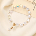 Elegant crystal bracelet with white faux pearls and floral charms on beige fabric - Lily of Valley Pearl Crystal (K3395)