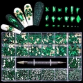 Nail art set with green rhinestones in 21-grid storage box and dual-ended dotting tool - Green Diamonds Set (480PCS)