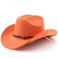 Detail eines orangen Wildleder-Cowboyhuts mit Lederband und Metall-Stierkopf-Schnalle - M(56-58cm) / Orange