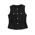 Detalle del chaleco de tweed negro con botones dorados en relieve y textura tejida - S / Negro