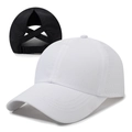 Casquette de baseball respirante pour queue de cheval avec sangle croisée en blanc et noir - Réglable / Blanc