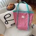 Bolso tote de lona a cuadros rojos y blancos estilo francés con asas verde menta - Cuadros Rojos